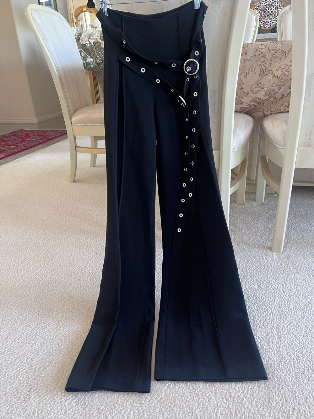cinq a sept Black Boot-Flare High-Waist Pants with Grommet Belt